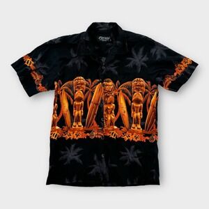 Favant‎ Hawaiian Shirt Mens Small Tiki Print Black Button Up Short Sleeve Cotton